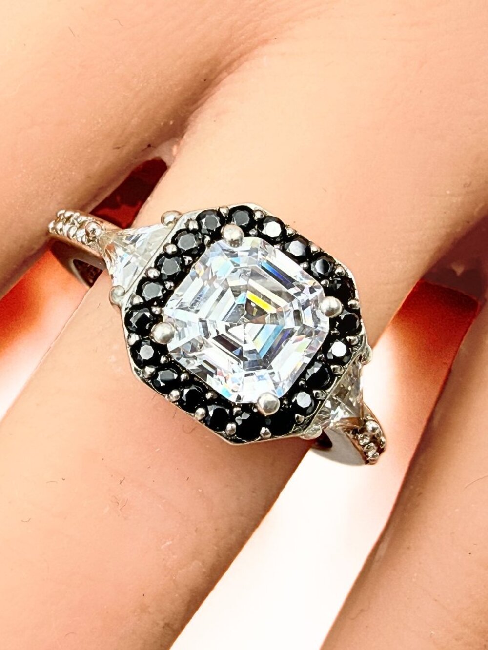 Art Deco Style Marked Sterling Silver Asscher Cut CZ Cocktail Ring Sz 10